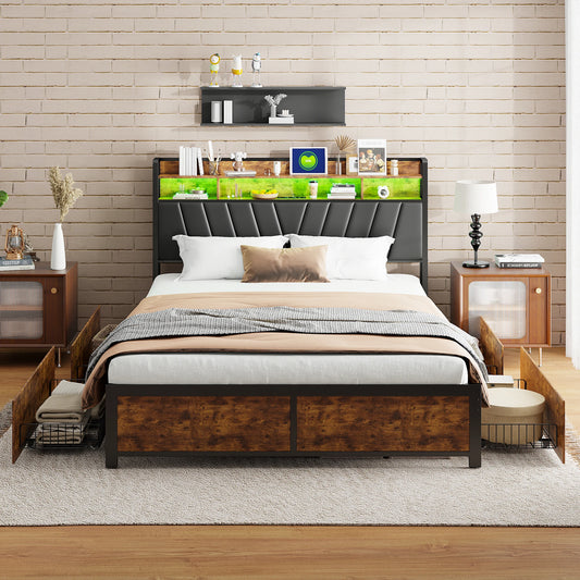 160x200cm gepolstertes Doppelbett, Stauraumbett mit Schubladen, mit LED-Beleuchtung und USB-Ladefunktion