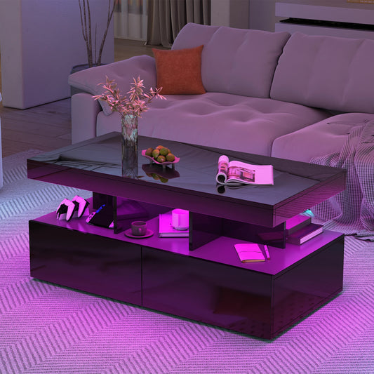 Couchtisch, Sofatisch, Moderner Wohnzimmertisch mit LED-Beleuchtung, mit Schubladen, Schwarz