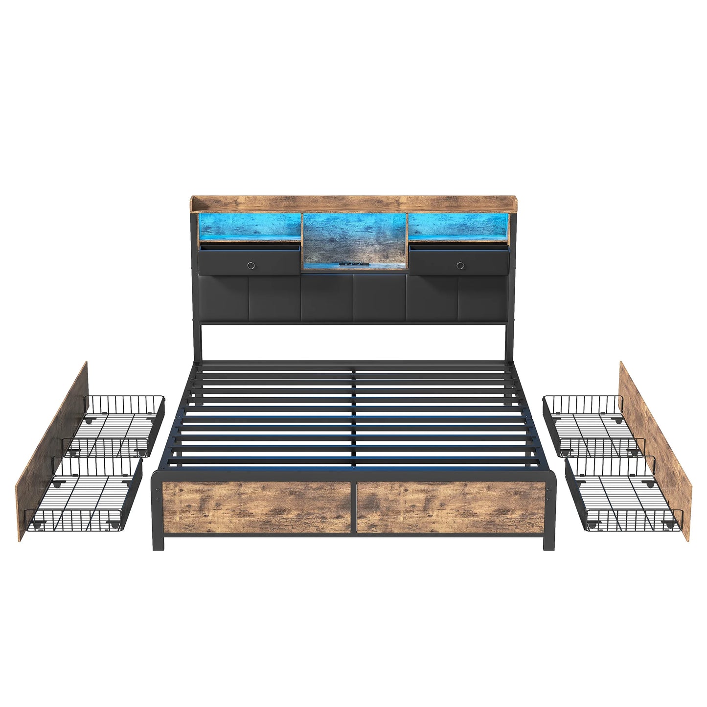 160×200 cm Polsterbett, Bettkastenbett mit LED-Kopfteil und USB-Anschluss, mit 4 Schubladen und Metallbettrahmen