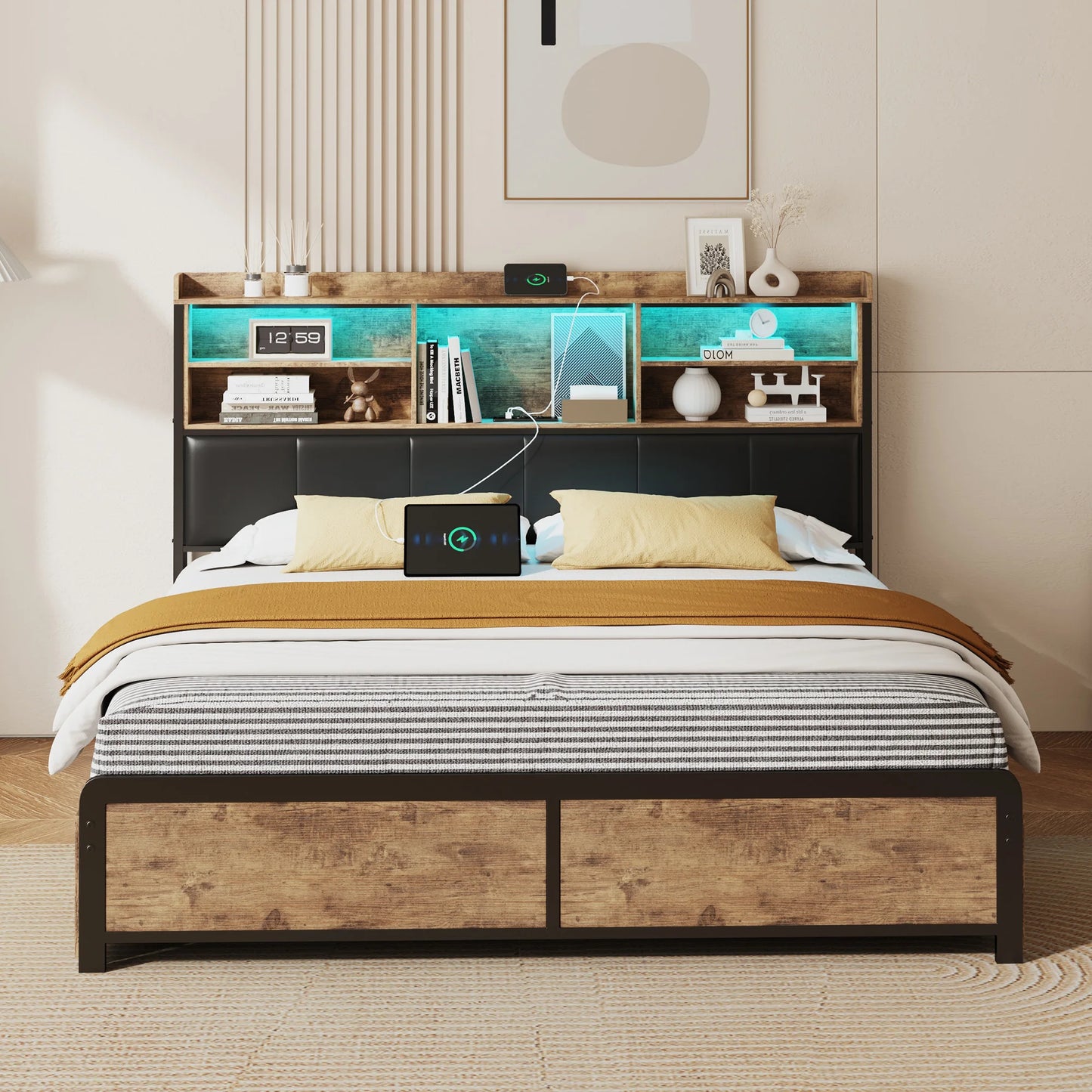 160×200 cm Polsterbett, Bettkastenbett mit LED-Kopfteil und USB-Anschluss, mit 4 Schubladen und Metallbettrahmen