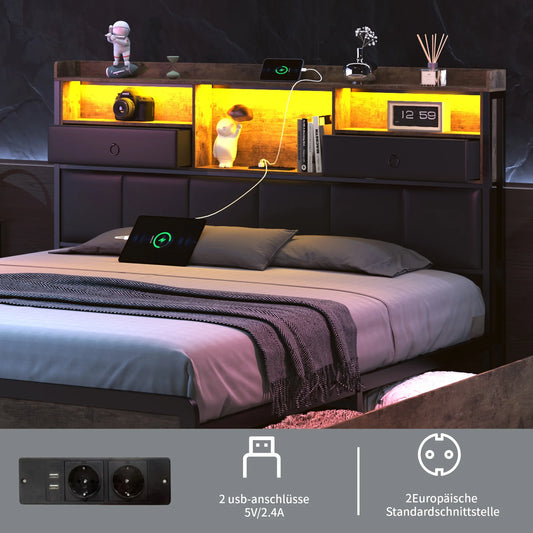 160×200 cm Polsterbett, Bettkastenbett mit LED-Kopfteil und USB-Anschluss, mit 4 Schubladen und Metallbettrahmen