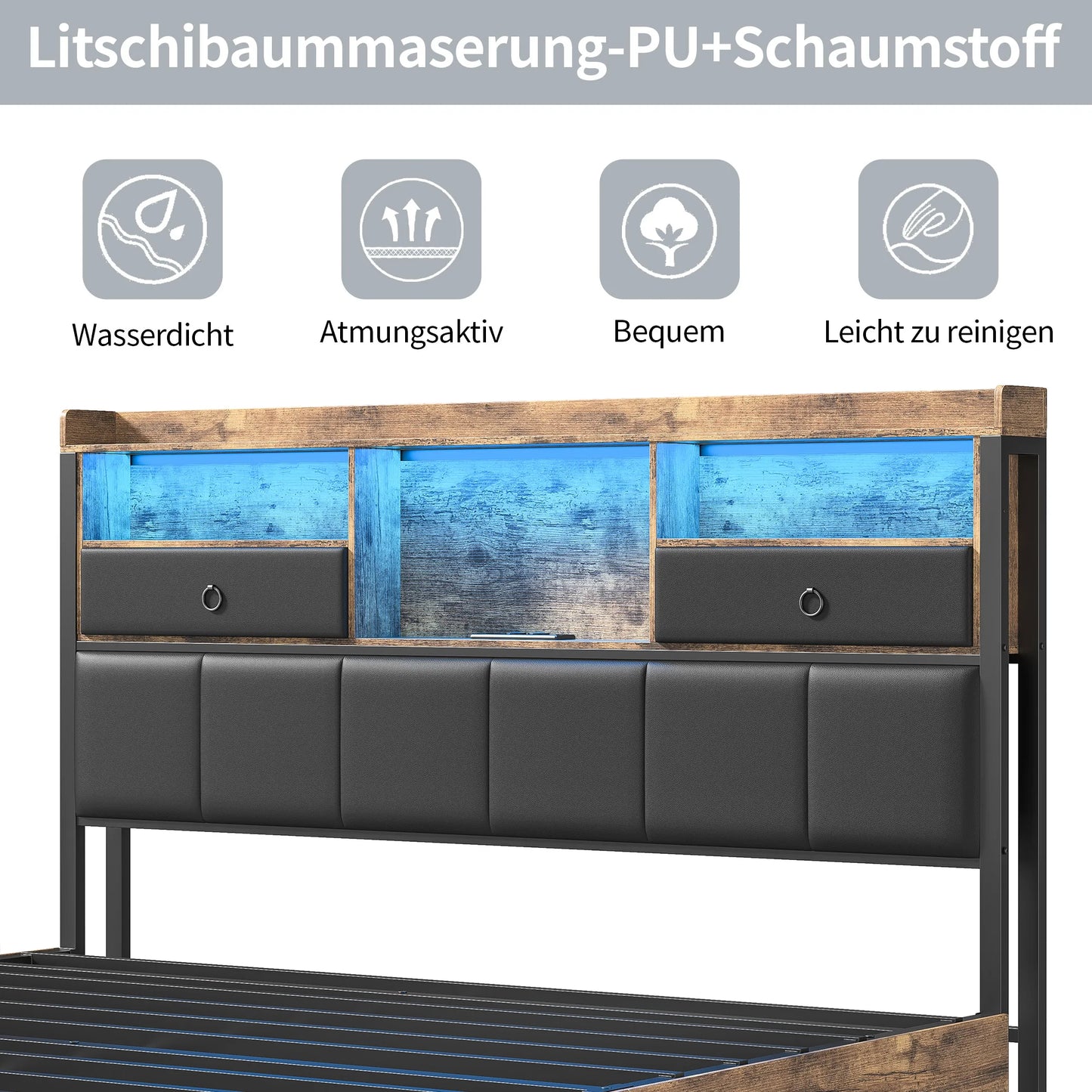 160×200 cm Polsterbett, Bettkastenbett mit LED-Kopfteil und USB-Anschluss, mit 4 Schubladen und Metallbettrahmen