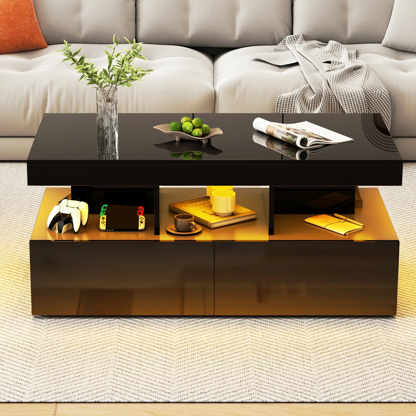 Couchtisch, Sofatisch, Moderner Wohnzimmertisch mit LED-Beleuchtung, mit Schubladen, Schwarz