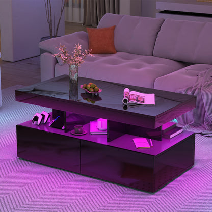 Couchtisch, Sofatisch, Moderner Wohnzimmertisch mit LED-Beleuchtung, mit Schubladen, Schwarz
