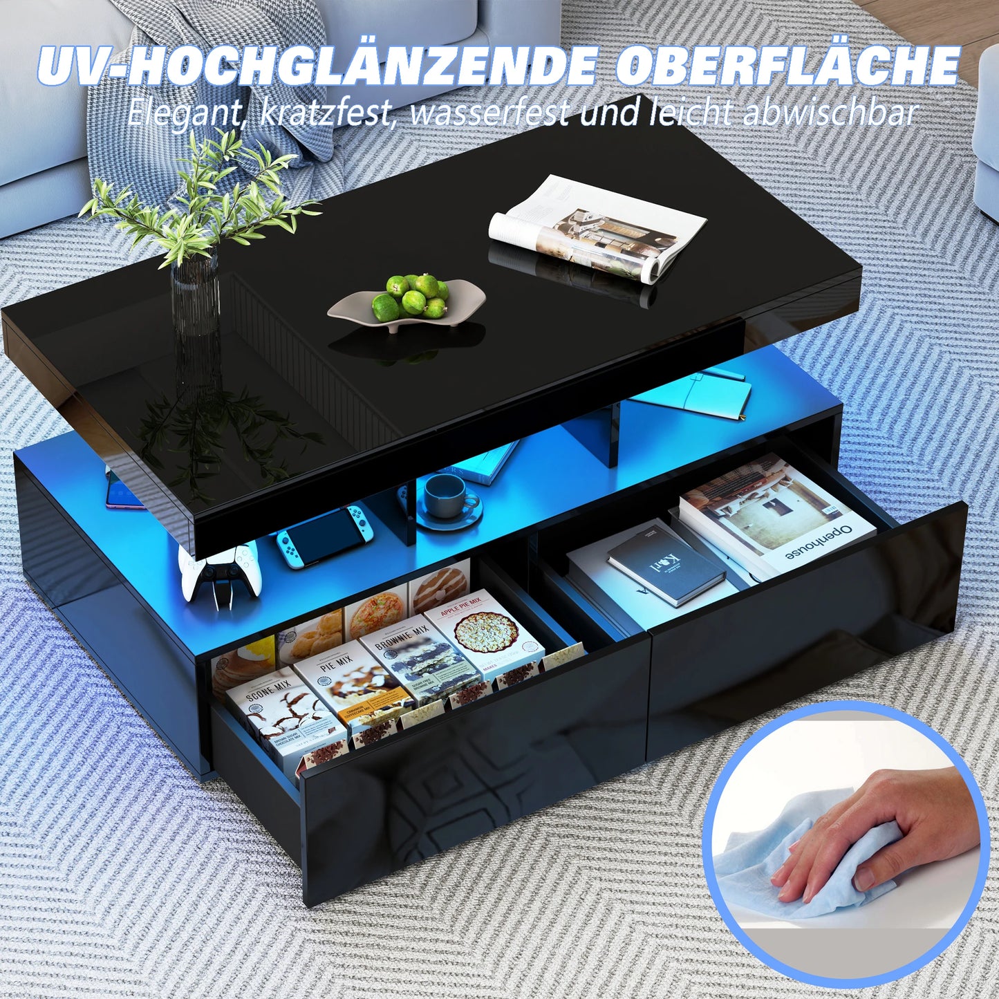 Couchtisch, Sofatisch, Moderner Wohnzimmertisch mit LED-Beleuchtung, mit Schubladen, Schwarz