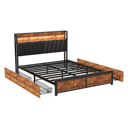 160x200cm gepolstertes Doppelbett, Stauraumbett mit Schubladen, mit LED-Beleuchtung und USB-Ladefunktion