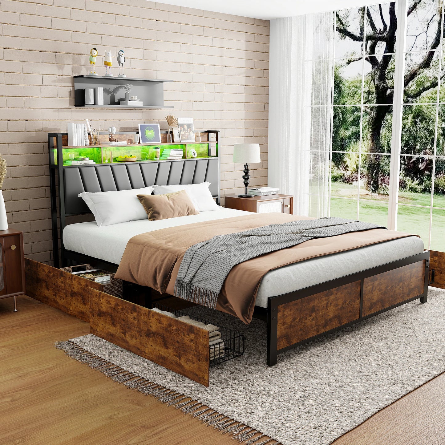 160x200cm gepolstertes Doppelbett, Stauraumbett mit Schubladen, mit LED-Beleuchtung und USB-Ladefunktion
