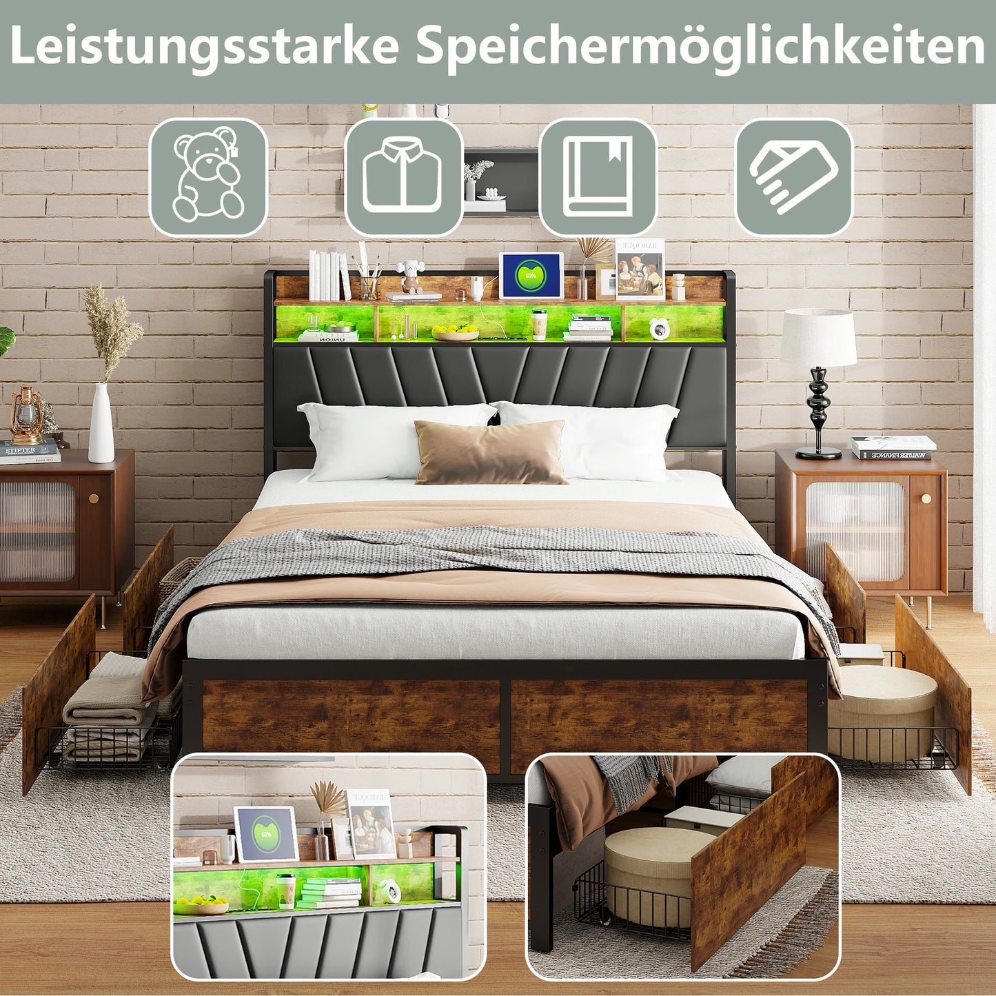 160x200cm gepolstertes Doppelbett, Stauraumbett mit Schubladen, mit LED-Beleuchtung und USB-Ladefunktion