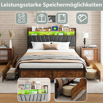 160x200cm gepolstertes Doppelbett, Stauraumbett mit Schubladen, mit LED-Beleuchtung und USB-Ladefunktion