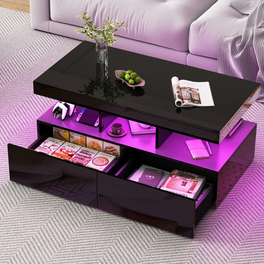 Couchtisch, Sofatisch, Moderner Wohnzimmertisch mit LED-Beleuchtung, mit Schubladen, Schwarz