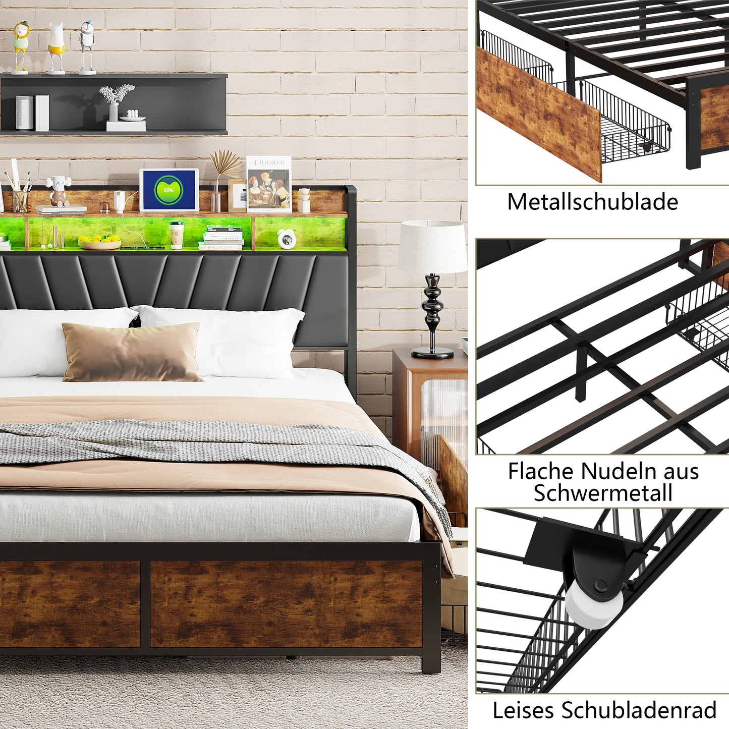 160x200cm gepolstertes Doppelbett, Stauraumbett mit Schubladen, mit LED-Beleuchtung und USB-Ladefunktion
