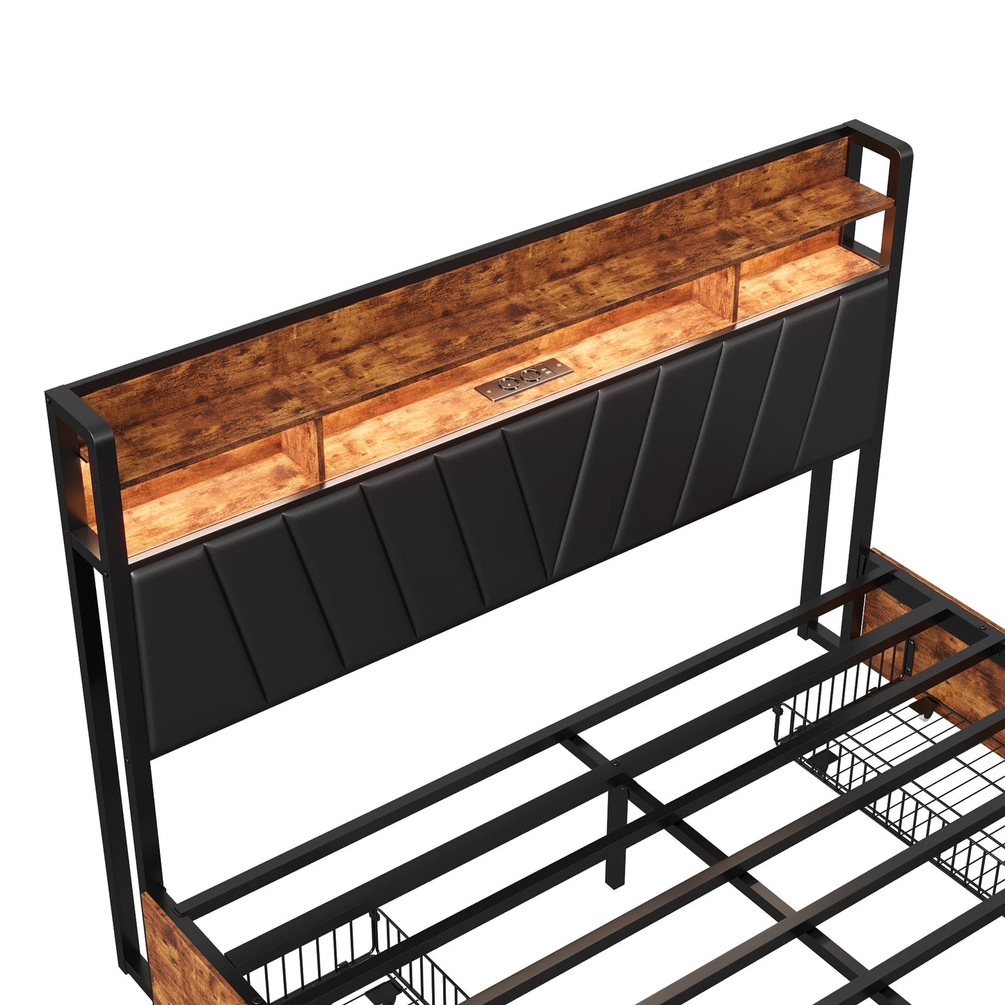 160x200cm gepolstertes Doppelbett, Stauraumbett mit Schubladen, mit LED-Beleuchtung und USB-Ladefunktion