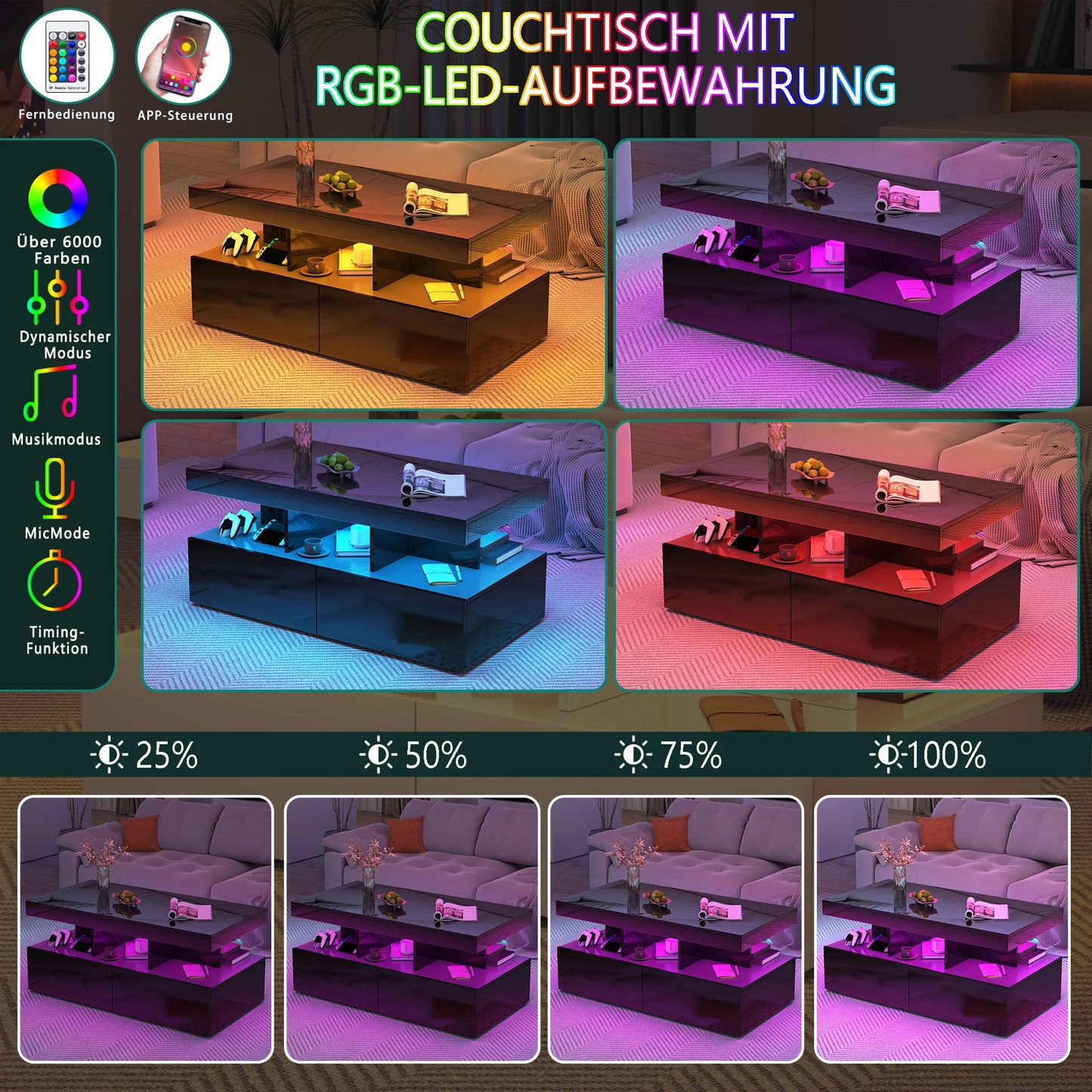 Couchtisch, Sofatisch, Moderner Wohnzimmertisch mit LED-Beleuchtung, mit Schubladen, Schwarz