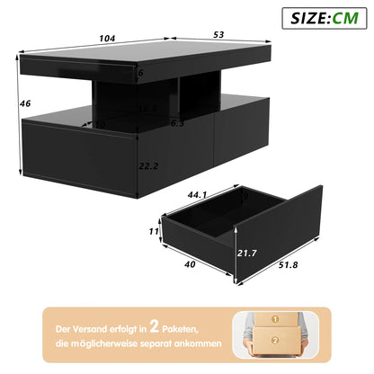 Couchtisch, Sofatisch, Moderner Wohnzimmertisch mit LED-Beleuchtung, mit Schubladen, Schwarz