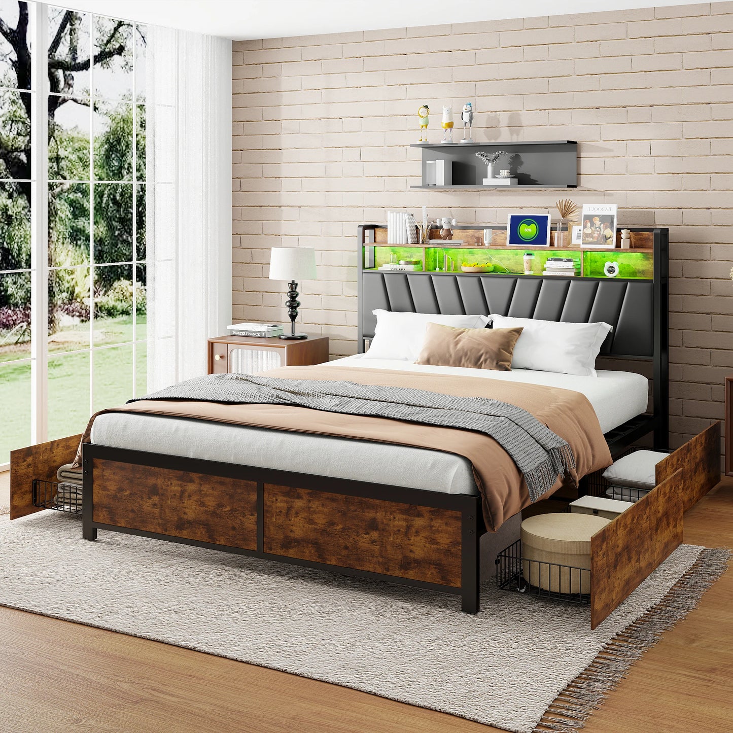 160x200cm gepolstertes Doppelbett, Stauraumbett mit Schubladen, mit LED-Beleuchtung und USB-Ladefunktion