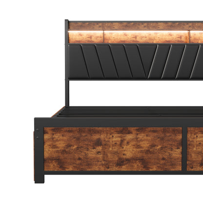 160x200cm gepolstertes Doppelbett, Stauraumbett mit Schubladen, mit LED-Beleuchtung und USB-Ladefunktion