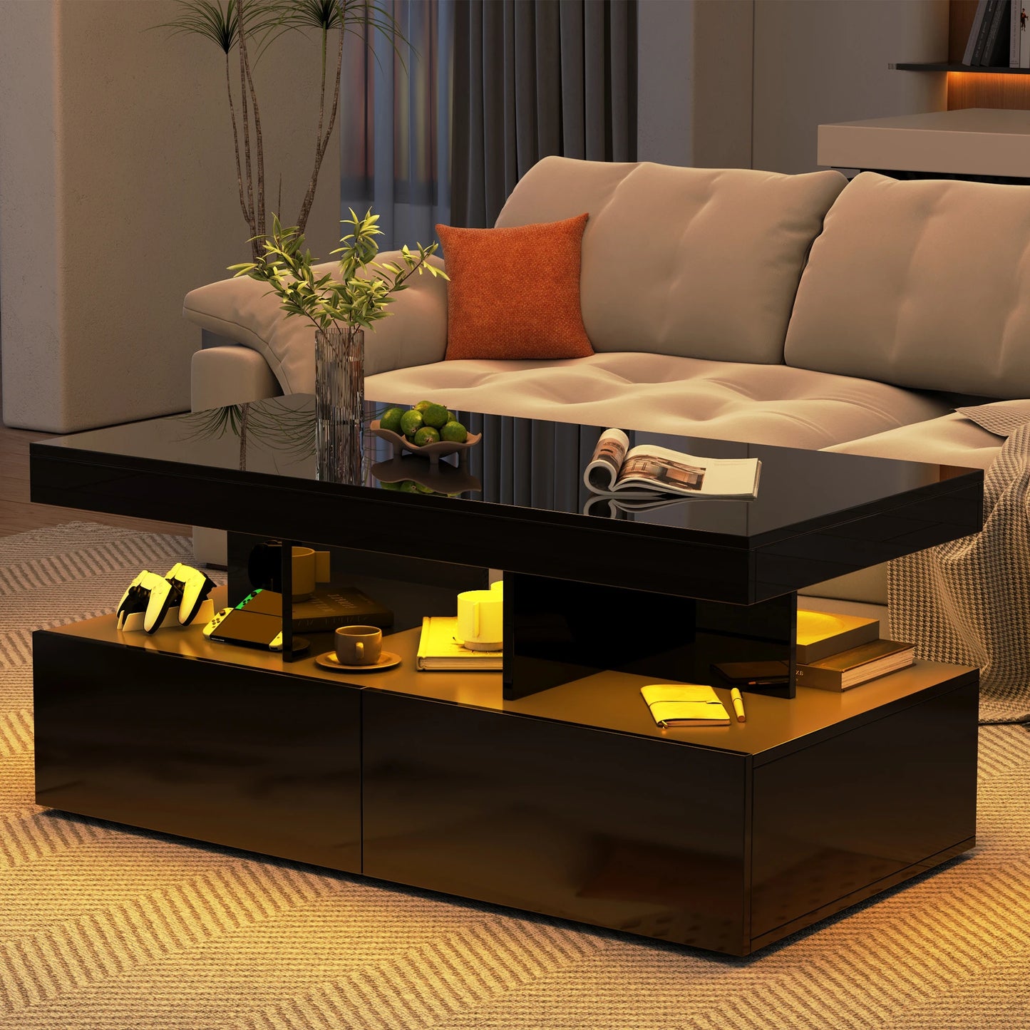 Couchtisch, Sofatisch, Moderner Wohnzimmertisch mit LED-Beleuchtung, mit Schubladen, Schwarz