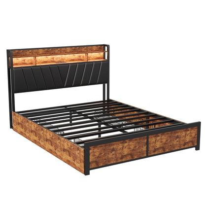 160x200cm gepolstertes Doppelbett, Stauraumbett mit Schubladen, mit LED-Beleuchtung und USB-Ladefunktion