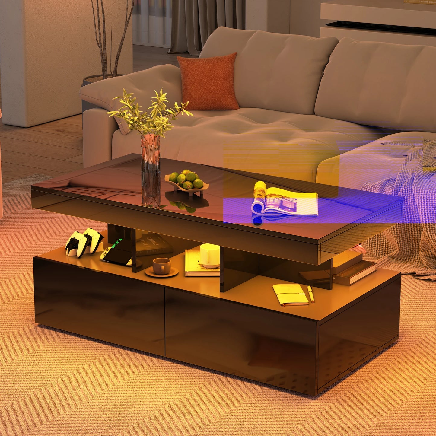 Couchtisch, Sofatisch, Moderner Wohnzimmertisch mit LED-Beleuchtung, mit Schubladen, Schwarz