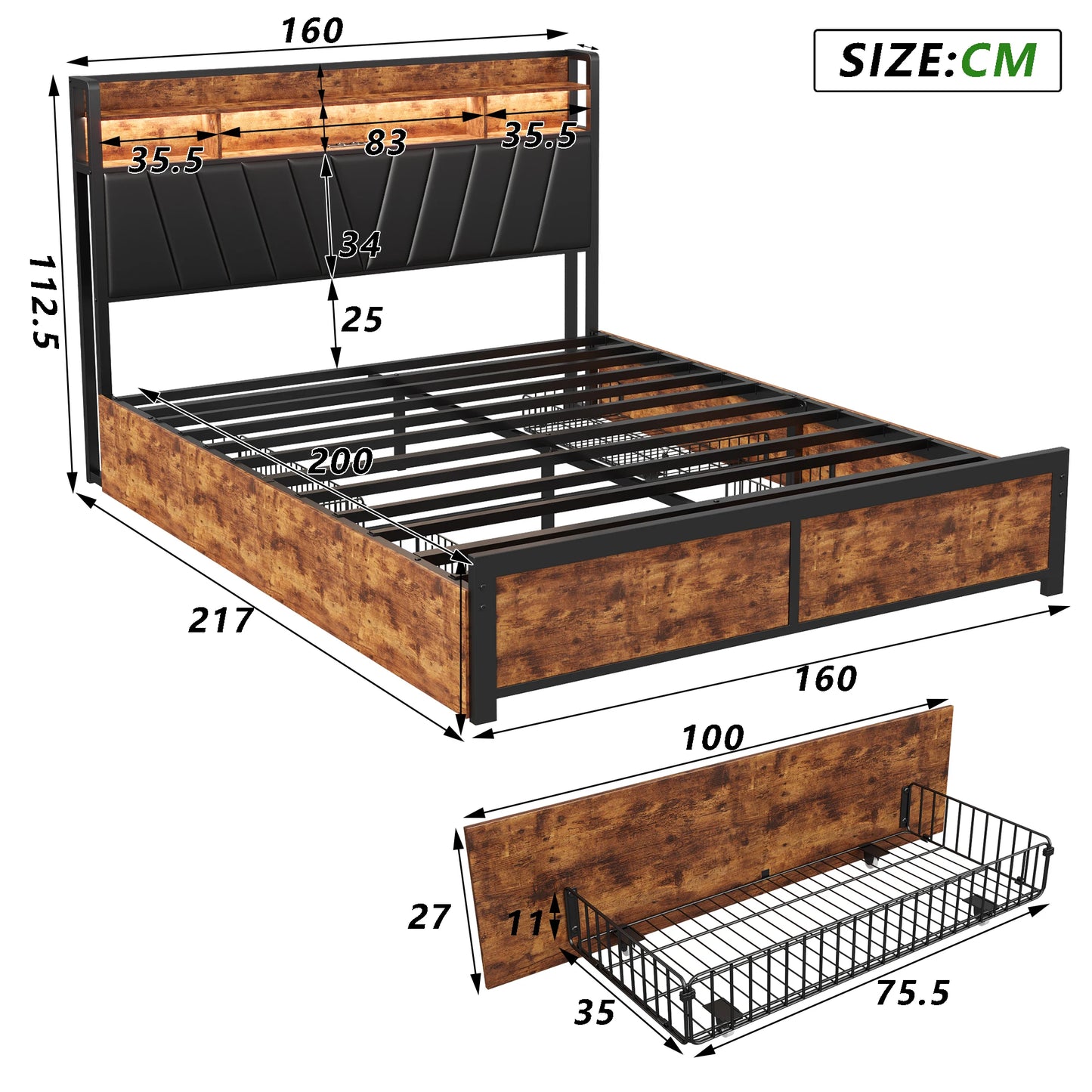 160x200cm gepolstertes Doppelbett, Stauraumbett mit Schubladen, mit LED-Beleuchtung und USB-Ladefunktion