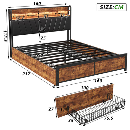 160x200cm gepolstertes Doppelbett, Stauraumbett mit Schubladen, mit LED-Beleuchtung und USB-Ladefunktion