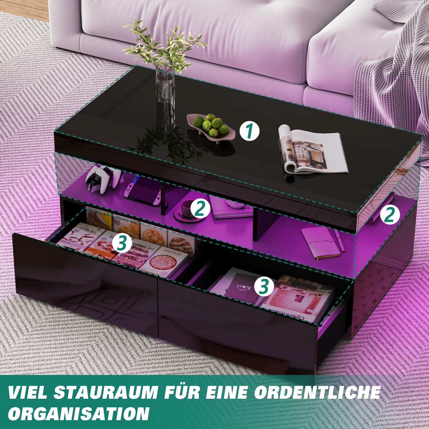 Couchtisch, Sofatisch, Moderner Wohnzimmertisch mit LED-Beleuchtung, mit Schubladen, Schwarz