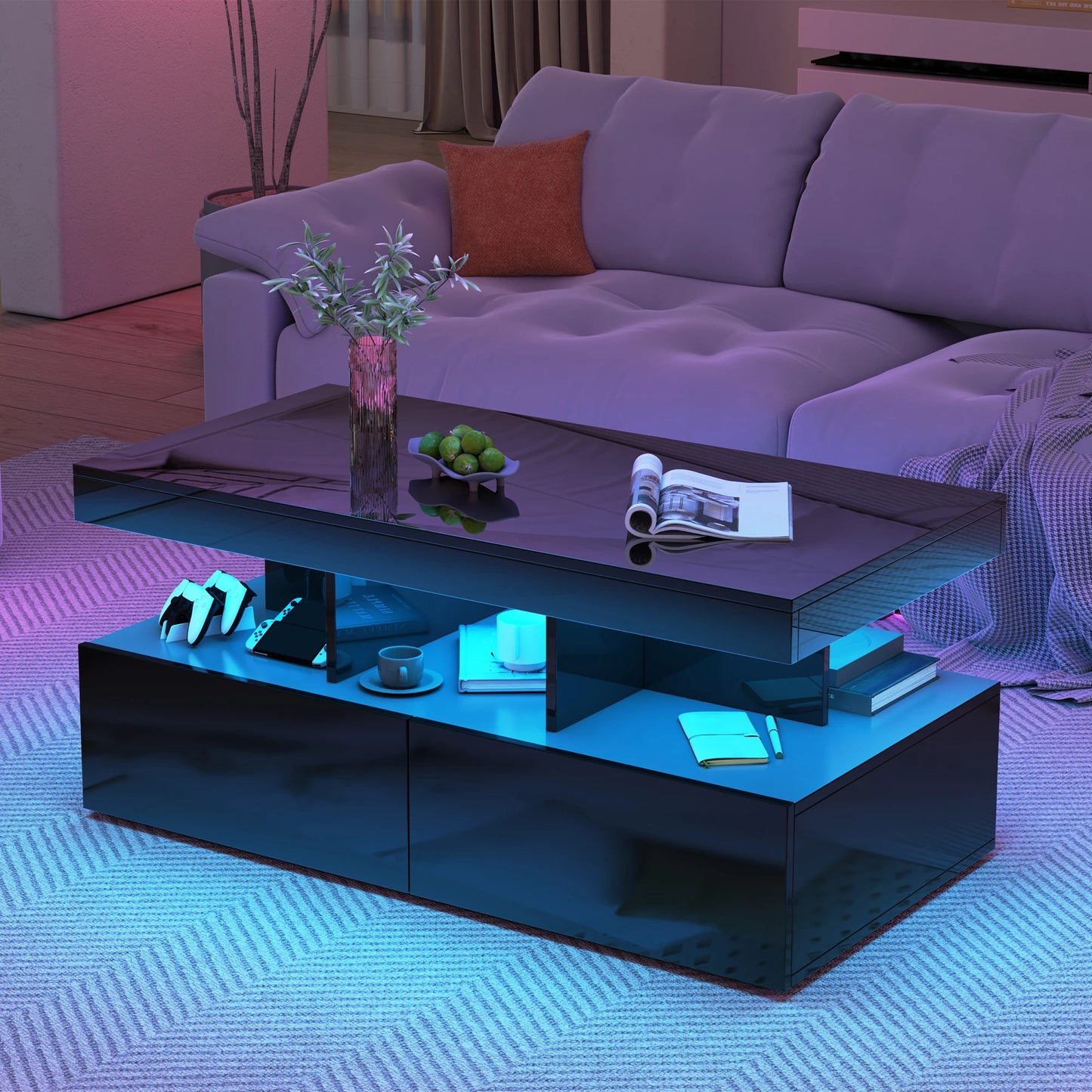 Couchtisch, Sofatisch, Moderner Wohnzimmertisch mit LED-Beleuchtung, mit Schubladen, Schwarz