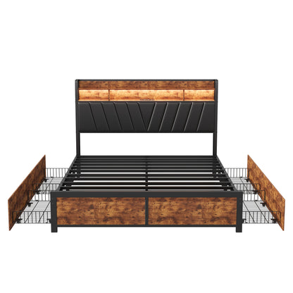 160x200cm gepolstertes Doppelbett, Stauraumbett mit Schubladen, mit LED-Beleuchtung und USB-Ladefunktion