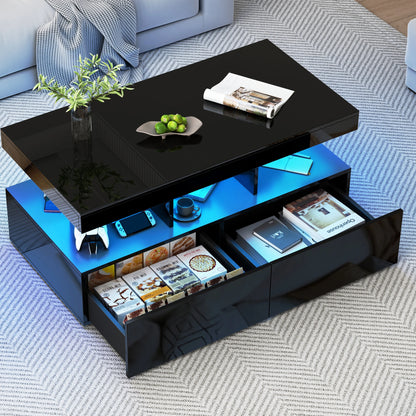 Couchtisch, Sofatisch, Moderner Wohnzimmertisch mit LED-Beleuchtung, mit Schubladen, Schwarz