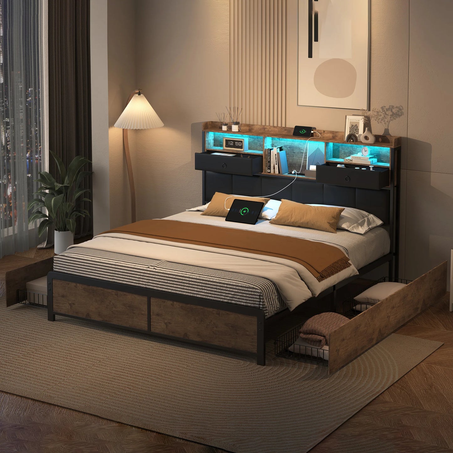 160×200 cm Polsterbett, Bettkastenbett mit LED-Kopfteil und USB-Anschluss, mit 4 Schubladen und Metallbettrahmen