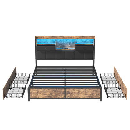 160×200 cm Polsterbett, Bettkastenbett mit LED-Kopfteil und USB-Anschluss, mit 4 Schubladen und Metallbettrahmen