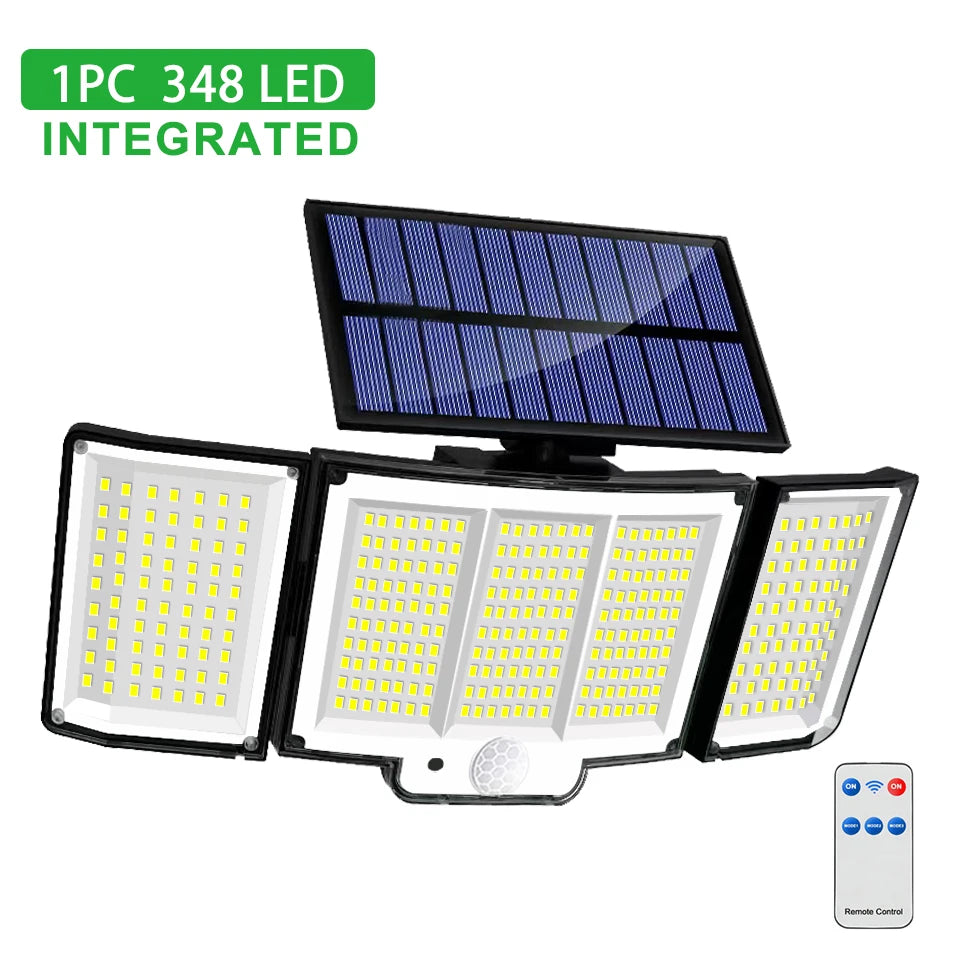 Solarleuchte für den Außenbereich, 328/348 LEDs, integrierter superheller Bewegungssensor, starke Leistung, IP65 wasserdicht, 3 Betriebsmodi, Gartenwand