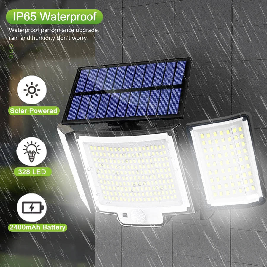 Solarleuchte für den Außenbereich, 328/348 LEDs, integrierter superheller Bewegungssensor, starke Leistung, IP65 wasserdicht, 3 Betriebsmodi, Gartenwand