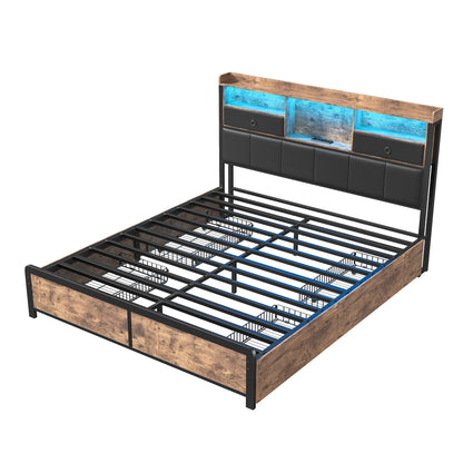160×200 cm Polsterbett, Bettkastenbett mit LED-Kopfteil und USB-Anschluss, mit 4 Schubladen und Metallbettrahmen