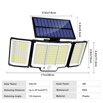 Solarleuchte für den Außenbereich, 328/348 LEDs, integrierter superheller Bewegungssensor, starke Leistung, IP65 wasserdicht, 3 Betriebsmodi, Gartenwand