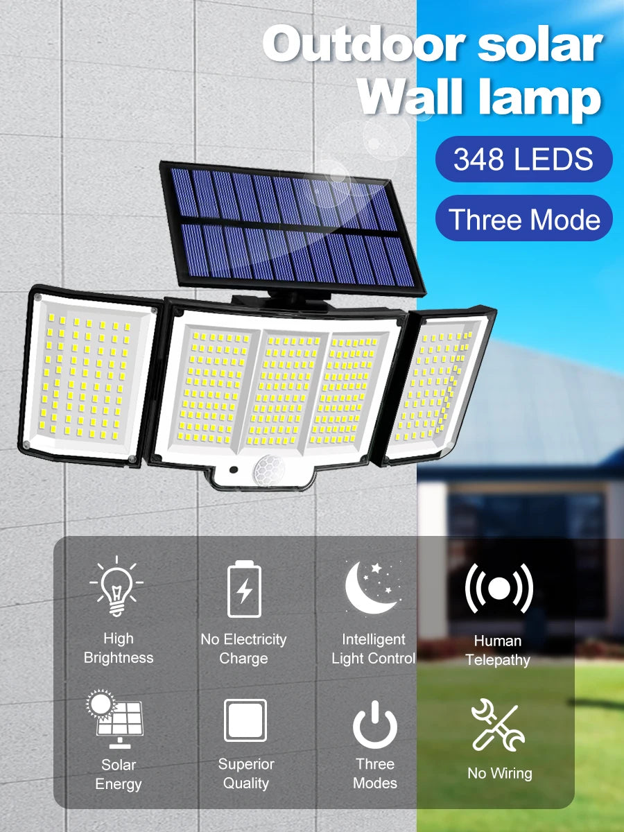Solarleuchte für den Außenbereich, 328/348 LEDs, integrierter superheller Bewegungssensor, starke Leistung, IP65 wasserdicht, 3 Betriebsmodi, Gartenwand