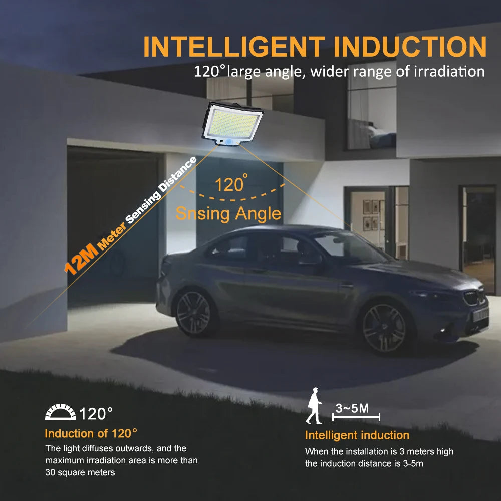 Solarleuchte für den Außenbereich, 328/348 LEDs, integrierter superheller Bewegungssensor, starke Leistung, IP65 wasserdicht, 3 Betriebsmodi, Gartenwand