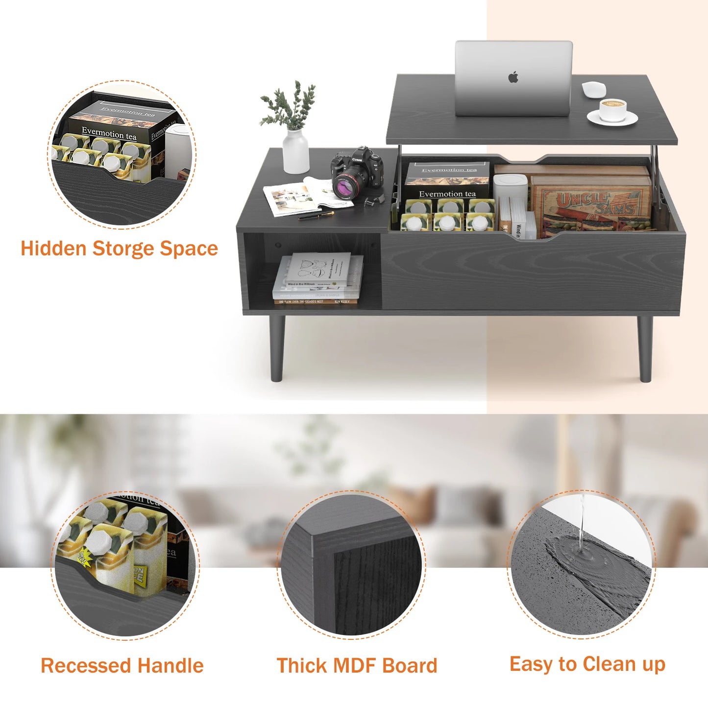 Lift Top Couchtische für Wohnzimmer 39,37"x19,7" Schreibtisch Tee Holz Esstische Verstellbare Ablagefläche Einfaches Anheben oder Absenken