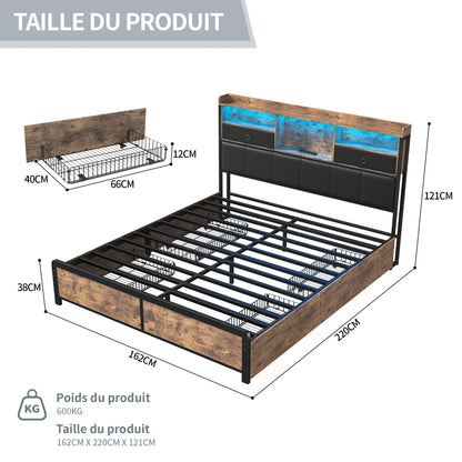 160×200 cm Polsterbett, Bettkastenbett mit LED-Kopfteil und USB-Anschluss, mit 4 Schubladen und Metallbettrahmen