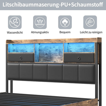 160×200 cm Polsterbett, Bettkastenbett mit LED-Kopfteil und USB-Anschluss, mit 4 Schubladen und Metallbettrahmen