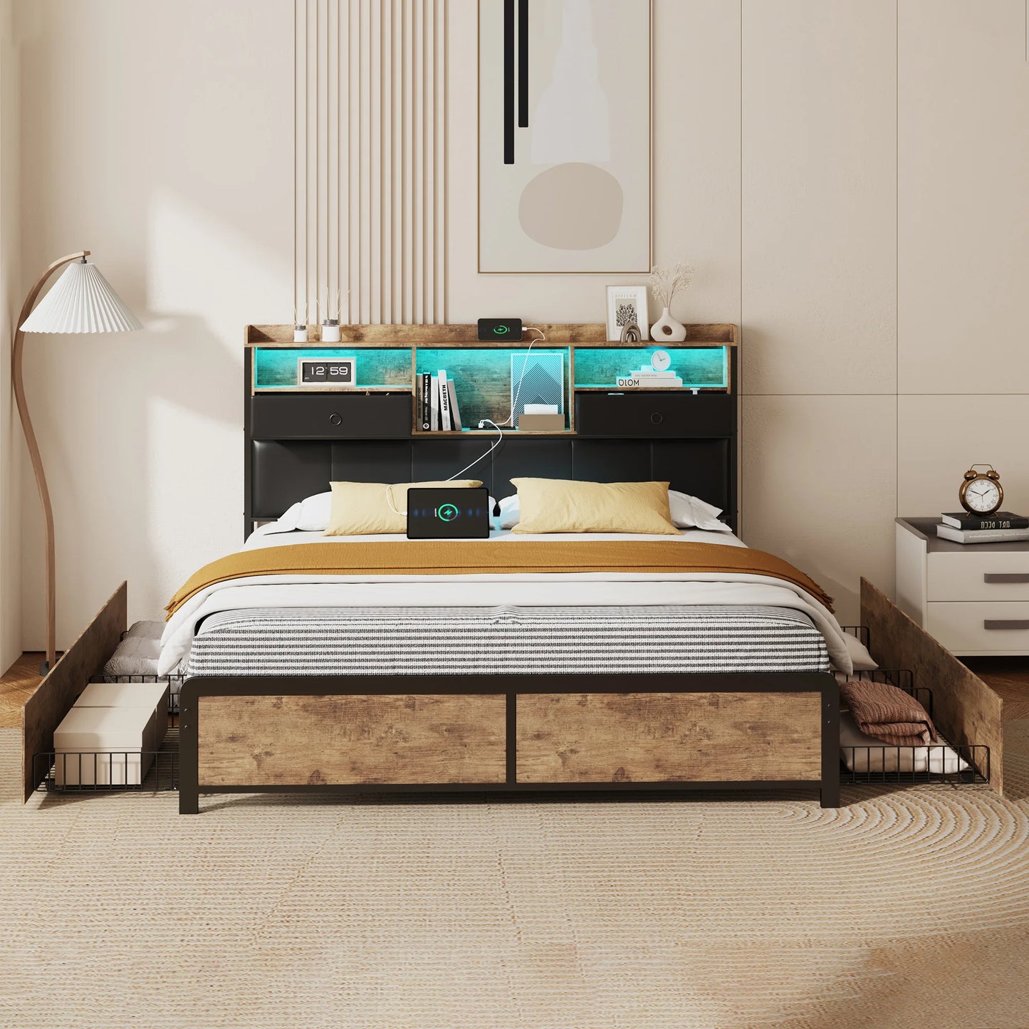 160×200 cm Polsterbett, Bettkastenbett mit LED-Kopfteil und USB-Anschluss, mit 4 Schubladen und Metallbettrahmen