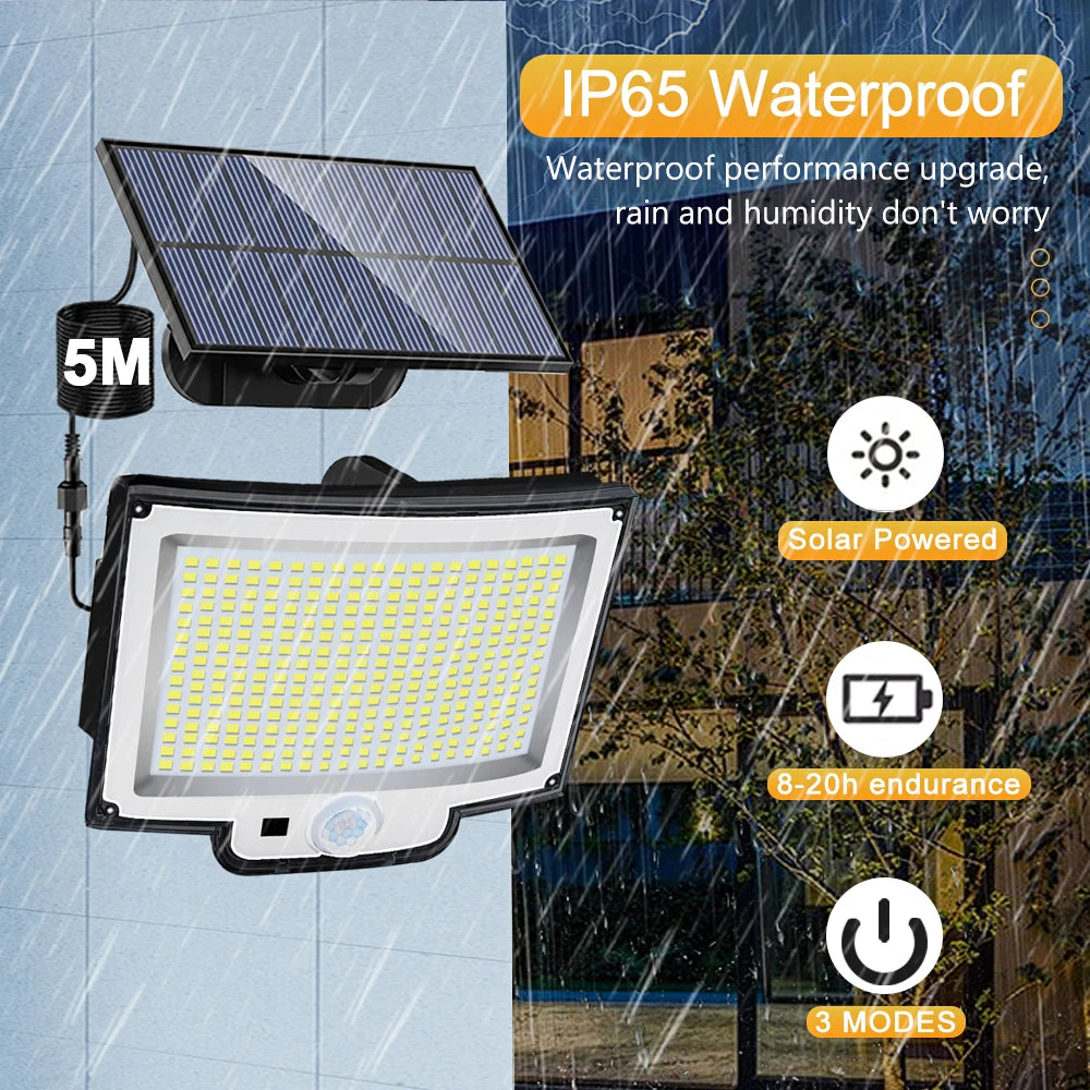 Solarleuchte für den Außenbereich, 328/348 LEDs, integrierter superheller Bewegungssensor, starke Leistung, IP65 wasserdicht, 3 Betriebsmodi, Gartenwand