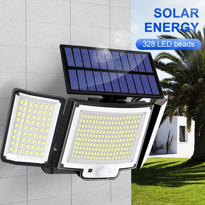 Solarleuchte für den Außenbereich, 328/348 LEDs, integrierter superheller Bewegungssensor, starke Leistung, IP65 wasserdicht, 3 Betriebsmodi, Gartenwand