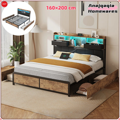 160×200 cm Polsterbett, Bettkastenbett mit LED-Kopfteil und USB-Anschluss, mit 4 Schubladen und Metallbettrahmen