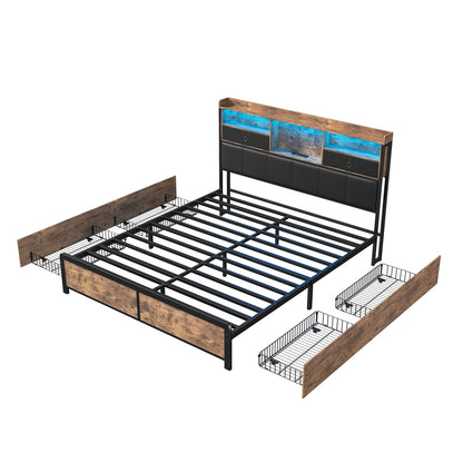 160×200 cm Polsterbett, Bettkastenbett mit LED-Kopfteil und USB-Anschluss, mit 4 Schubladen und Metallbettrahmen