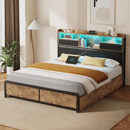 160×200 cm Polsterbett, Bettkastenbett mit LED-Kopfteil und USB-Anschluss, mit 4 Schubladen und Metallbettrahmen