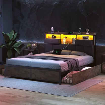 160×200 cm Polsterbett, Bettkastenbett mit LED-Kopfteil und USB-Anschluss, mit 4 Schubladen und Metallbettrahmen
