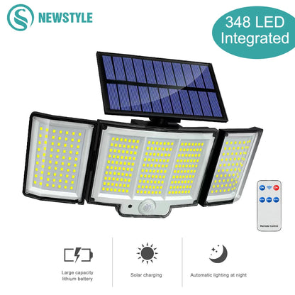 Solarleuchte für den Außenbereich, 328/348 LEDs, integrierter superheller Bewegungssensor, starke Leistung, IP65 wasserdicht, 3 Betriebsmodi, Gartenwand