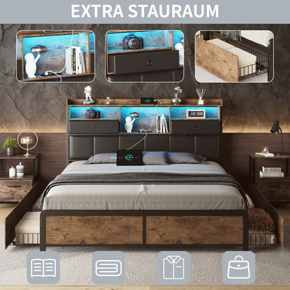 160×200 cm Polsterbett, Bettkastenbett mit LED-Kopfteil und USB-Anschluss, mit 4 Schubladen und Metallbettrahmen