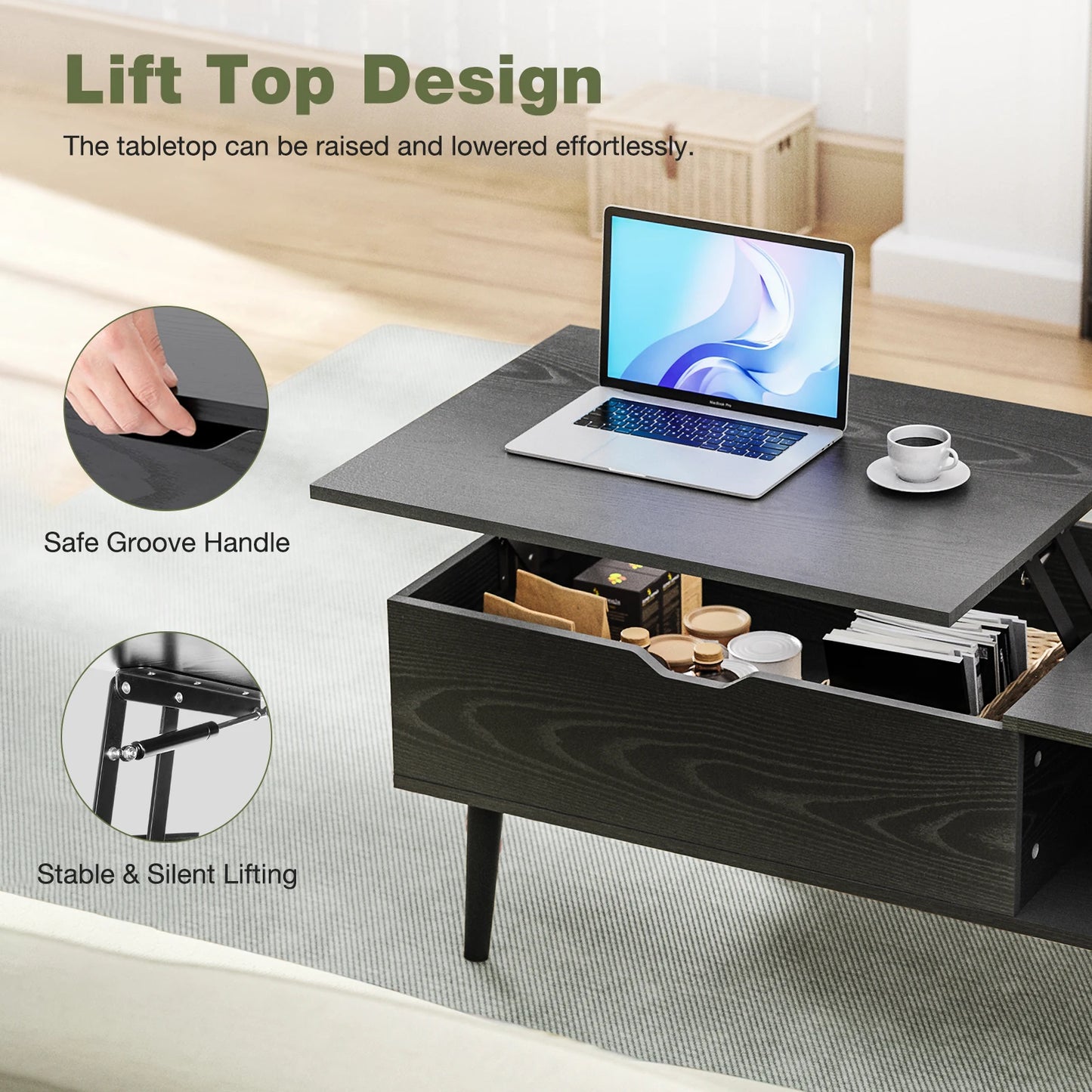 Lift Top Couchtische für Wohnzimmer 39,37"x19,7" Schreibtisch Tee Holz Esstische Verstellbare Ablagefläche Einfaches Anheben oder Absenken